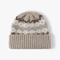 Winter striped jacquard knit beanie in beige with Nordic pattern and fuzzy texture - One Size / Khaki
