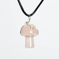 Handcrafted rose quartz mushroom pendant with silver wire wrap on black cord - Mushroom-Silver