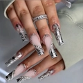 Detail of long coffin press-on nails with silver liquid metal lines and white rhinestones - Nude Pink Silver Liquid Metal Line Style (BW119)