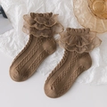 Brown knit knee-high socks with double-layered lace trim and gold embroidery details - 1-3 Years / Size 18-25 / Brown