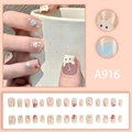 Cute cartoon animal press-on nails featuring rabbit, flowers and heart patterns in nude blue - Cute Cartoon Animal Graffiti Style (A916-Glue Version)