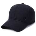 Men's thermal navy blue baseball cap with thick textured fabric and ear protection - Leather Label Style / Navy Blue