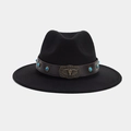 Détail du chapeau fedora noir avec bandeau en cuir, perles turquoise et boucle tête de taureau - M (56-58cm) / Style 5-Tête de Taureau Vintage Bande Turquoise Décor (AL-BNM9)