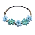 Close-up of blue floral bridal headband with woven rope and elastic band for weddings - Lake Blue
