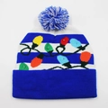 Festive blue and white striped LED Christmas knit beanie with colorful bulb patterns - Hat Style 43 (Blue White Stripe Lights)
