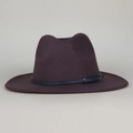 Close-up of retro wool felt fedora featuring a blue leather belt and metal buckle detail - Coffee