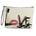 Tragbare Kosmetiktasche aus beigem Canvas mit LOVE-Lippenstift-Druck und Trageschlaufe - Make-up LOVE Alphabet (Stil 2)