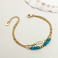 Double-layer stainless steel bracelet with gold leaf charm and blue crystal beads - Lake Blue