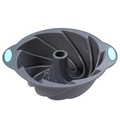 Dark grey silicone sunflower cake mold with mint green handles and spiral texture - Cyclone Pan
