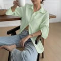 Women's casual fruit green and white striped long sleeve shirt in a loose fit - Yellow-Green