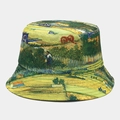 Detailopname van een omkeerbare vissershoed met een levendig olieverfveldpatroon. - M (56-58cm) / XY-3# Van Gogh Veld Stijl