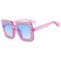 Pink glitter square sunglasses with sparkling rhinestones and blue gradient lenses - Light Purple Frame Double Blue Lens