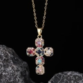 Cross necklace with vibrant multi-colored zircon stones and a premium golden chain - Gold Colorful Pavé (Style 7)