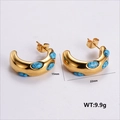 Golden chunky C-shaped earrings with turquoise stones and butterfly backings - Turquoise Cabochon Earrings (AMLEH114)