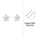 Minimalist silver plumeria flower stud earrings with S925 silver pins and copper base - Copper with 925 Sterling Silver Earring Post / Flower Style / Silver