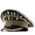 Cappello da capitano di lusso con paillettes dorate, strass e borchie metalliche - Regolabile / Paillettes Nere Rivetto Dorato (JX-Black Sequin Gold Rivet Navy Hat)