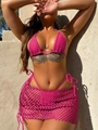 Detailed crochet texture of rose red 3-piece bikini with mesh skirt and tie-side knots - S / Rose Red