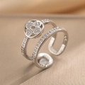 Double-layered silver ring with zircon clover and pavé set diamonds for women - Clover Double Layer Open Style / Silver