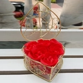 Golden heart-shaped metal basket gift set with deep red soap rose flowers inside - Red