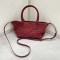 Woven leather tote in burgundy finish with circular handles and adjustable strap - Small Crossbody Handbag / Small Wine Red With Strap