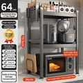 Adjustable 3-tier gunmetal kitchen microwave rack with hooks and side storage accessories - 3-Tier Fixed-64cm-Gun Grey-Full Accessory Set