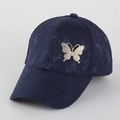 Detailed close-up of navy blue jacquard baseball cap with rhinestone butterfly decor - Dark Blue