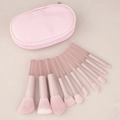 Set of 10 pink makeup brushes with matching zippered storage pouch and soft synthetic bristles - 10 Pcs Pink Clear Handle with Bag