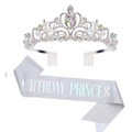 Silver birthday princess tiara and glitter sash set with colorful rhinestones - Silver AB Rhinestone Set #2