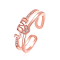 Rose gold layered open ring featuring LOVE lettering, a heart design and clear zircons - Rose Gold LOVE Heart Double Ring (G013)