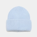 Light blue angora rabbit hair beanie with ribbed knit texture and wide folded cuff - Aqua