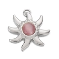 Silver stainless steel sun pendant featuring a pink cat eye stone inlay for jewelry making - Silver with Pink Cat Eye Stone (KLJ4136-Z)