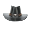 Detail des silbernen Stierkopf-Emblems am schwarzen Cowboyhut mit braunem Lederband - Stil 3 / Schwarz