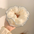 Beige kanten haarelastiekje met blauwe golfstiksels en geplooide textuur voor knotjes - #2 Dubbellaags Blauw Kant - 16 Cm