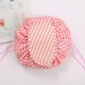 Pink striped drawstring makeup bag organizer with velcro flap closure for travel - Pink White Stripes