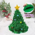 Green tinsel Christmas tree party hat with colorful pom-poms and gold star topper - Green With Gold Star Color Pom Poms Double Layer
