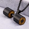 Macro shot of black dumbbell pendant necklace with yellow FIT GO engraving detail - Pendant Only (No Chain) / Black