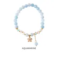 Aquamarine beaded bracelet with gold flower charm and faceted crystal accents - 15# Flower Zirconia Crystal Beaded Aquamarine Bracelet