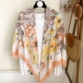 White cotton linen floral shawl with peach border and vintage botanical patterns - 130*130cm / Orange Border Floral (MZF-125)