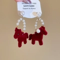 Detail of red flocked pony earrings with pearls and 925 silver studs on white card - Style 20 Silver Needle-White-Red