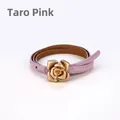 Women's slim genuine leather belt in taro pink with a gold camellia flower buckle - Taro Pink / 105cm