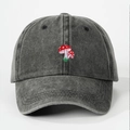 Vintage washed cotton baseball cap with red mushroom embroidery on a black denim base - One Size / Black