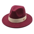 Detail of burgundy wool fedora with plaid band and gold M metal buckle accent - Burgundy