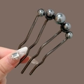 Gunmetal wave hair fork for women with five elegant grey gradient pearls in U-shape - Gunmetal Black Artificial Pearl Hair Stick / Approx. 9cm