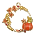 Golden autumn wreath charm featuring orange pumpkin, maple leaf and colorful enamel - 30x30mm Autumn Wreath (20287)