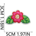 Close-up of pink flower embroidery patch with green leaves and size dimension details - No. 26 Rose Flower