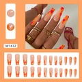 Unghie lunghe a ballerina arancioni con cuori e kit da 24 pezzi per manicure finta - W1432 Dolce Cuore (Stile Colla)