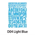 Macro shot of light blue vinyl letter and number stickers showing waterproof matte texture - 210x290mm / Light Blue