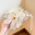 Elegant white organza butterfly hair claw with purple gradient and long pearl tassels - 2# Beige Claw Clip
