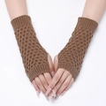Brown pineapple knit fingerless gloves with soft textured arm sleeve design - Khaki