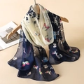 Long chiffon scarf with butterfly print and navy beige color splicing on wooden hanger - Blue White Splicing Butterfly